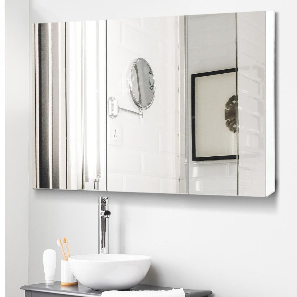 EKKIO Bathroom Vanity Mirror with Triple Door Storage Cabinet White 90cm x 72cm