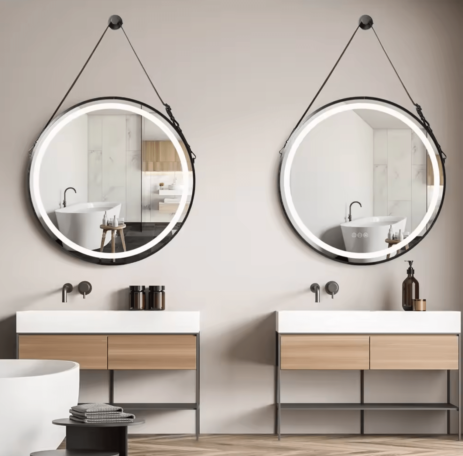 Interior Ave - LED Round Hanging Salon / Bathroom Wall Mirror -Black - 60cm V355-IA-RWM-BK-60