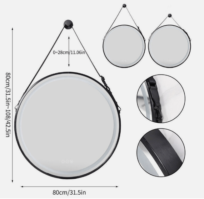 Interior Ave - LED Round Hanging Salon / Bathroom Wall Mirror -Black - 60cm V355-IA-RWM-BK-60