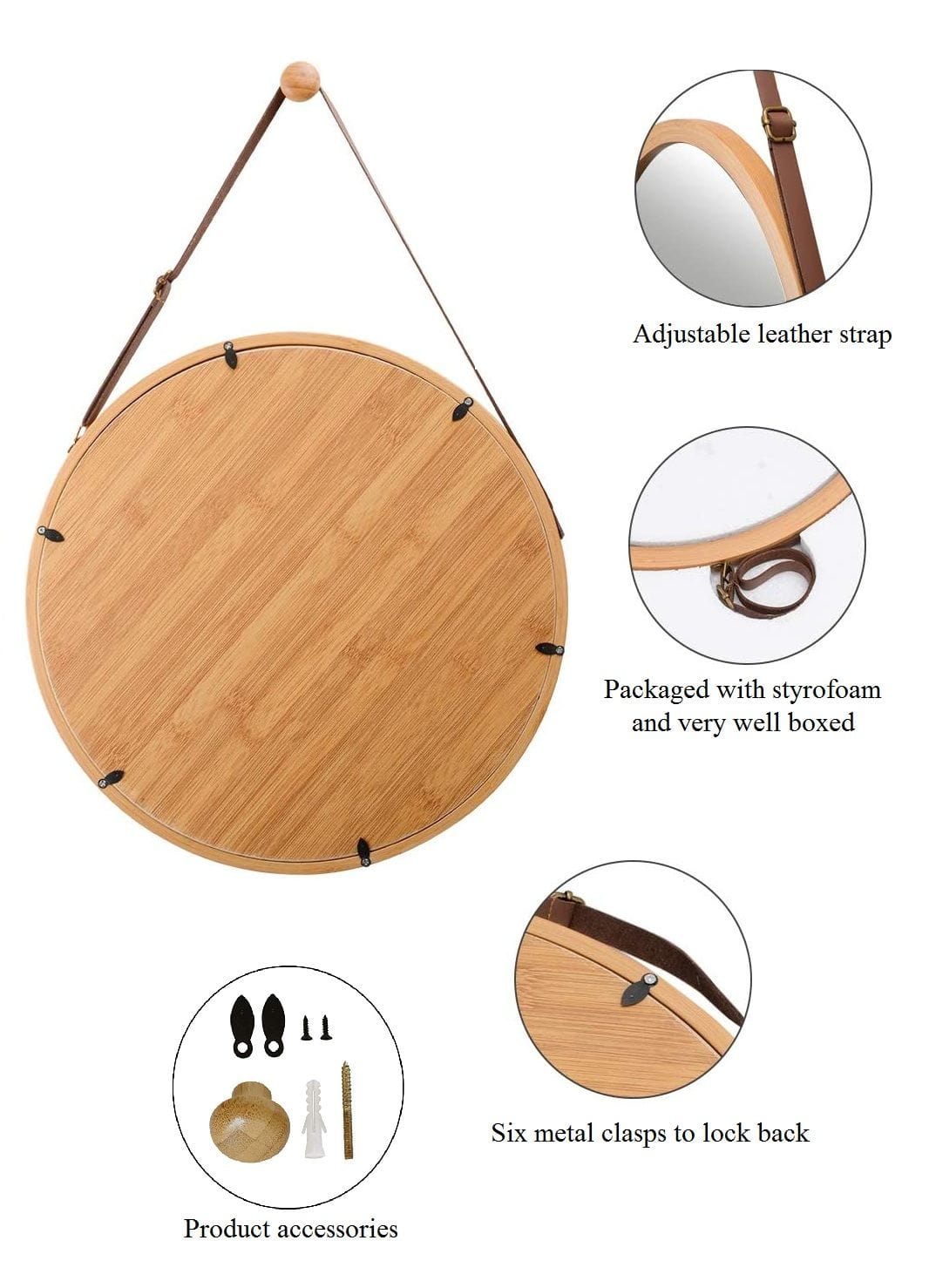 Carla Home Round Bamboo Hanging Wall Mirror | V178-36014